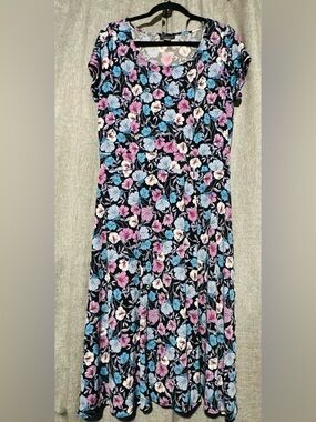 Covington Black Floral Midi Dress with Blue and Pink Flowers
